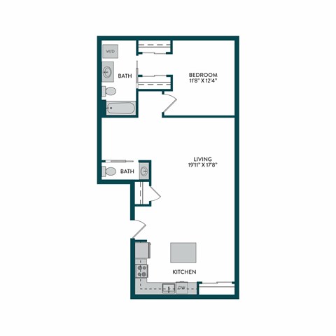 A floor plan of a small apartment with a living room, a bedroom, a kitchen, and two bathrooms.